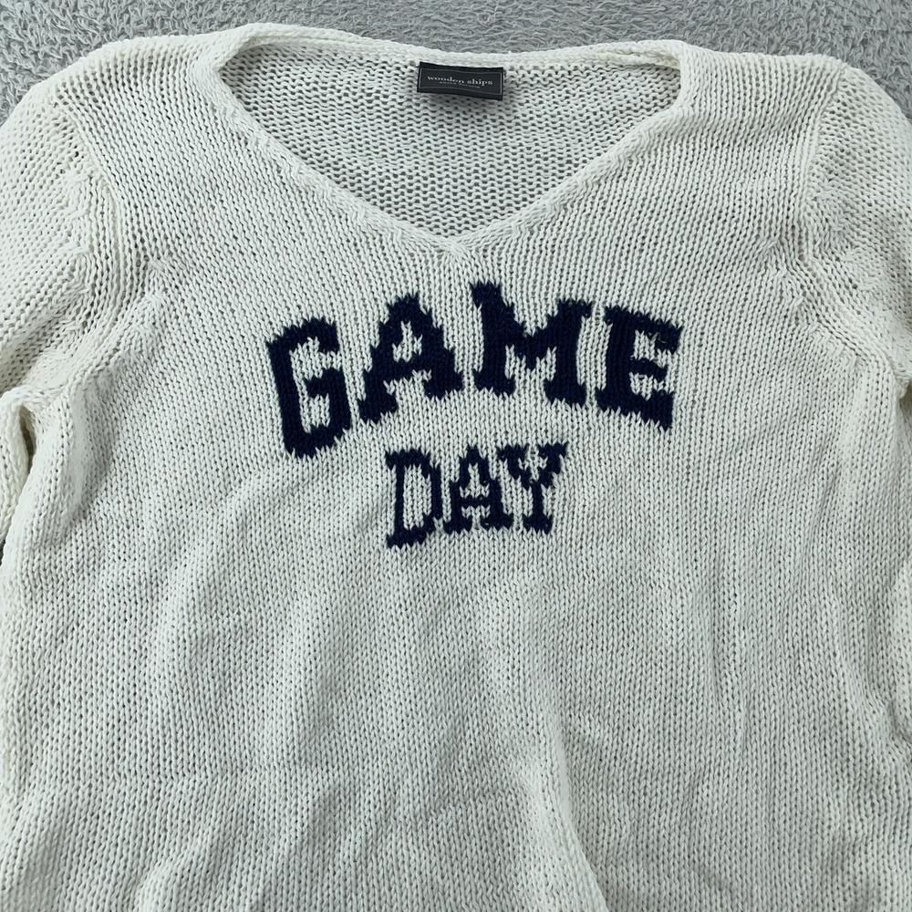 Wooden Ships Sweater Women's Medium White Open Knit V Neck Game Day Pullover